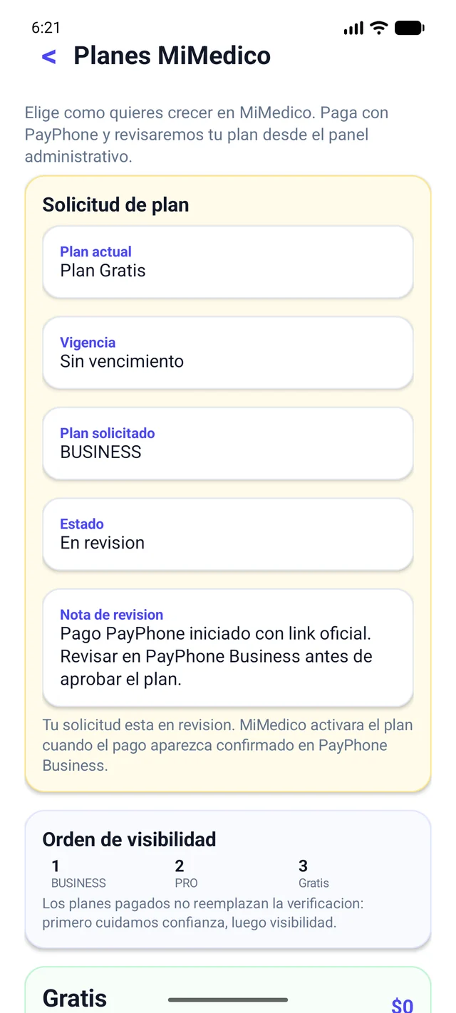 Pantalla real de planes de MiMedico